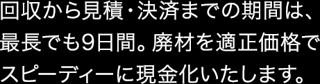 回収から見積・決済までの期間は、最長でも9日間。廃材を適正価格でスピーディーに現金化いたします。