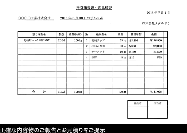 【検収報告書・御見積書】正確な内容物のご報告とお見積りをご提示