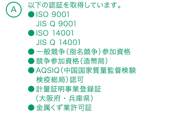 A9 以下の認証を取得しています。●ISO 9001:2008 JIS Q 9001:2008●ISO 14001:2004 JIS Q 14001:2004●一般競争（指名競争）　参加資格●競争参加資格（造幣局）●AQSIQ（中国国家質量監督検験検疫局）認可●計量証明事業登録証（大阪府・兵庫県）●金属くず業許可証